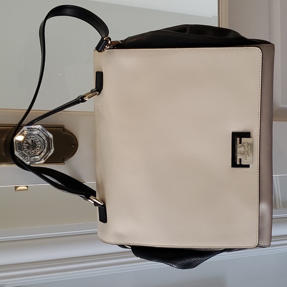 Kate Spade Off White Grey and Black Leather Handle Bag, Fold Over Tote - Picture 5 of 10